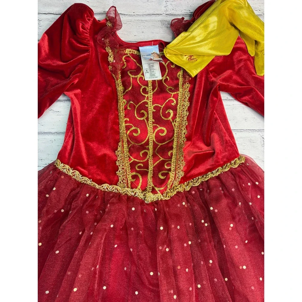Disney Store Belle Winter Red Velvet Gold Lace Costume Dress Girls 7/8 Gloves